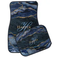 Modern Navy Blue Gold Agate Geode Monogram Car Floor Mat