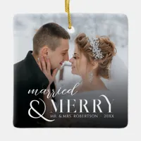 Modern Newlywed Married & Merry Christmas 2 Photo Ceramic Ornament