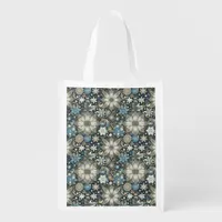  Blue and Gold Snowflakes and Flowers Holiday Grocery Bag