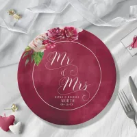 Roses Burgundy/Cream Wedding Mr and Mrs ID584 Paper Plates