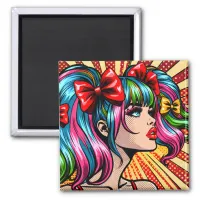 Pretty Pop Art Comic Girl with Bows Magnet