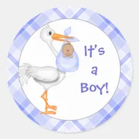 Stork & Baby Boy (dark skin) Baby Announcement Classic Round Sticker