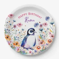 Penguin in Flowers Girl's Birthday Personalized Paper Plates