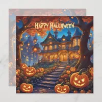 Spooky villa in the forest, pumpkins, Halloween