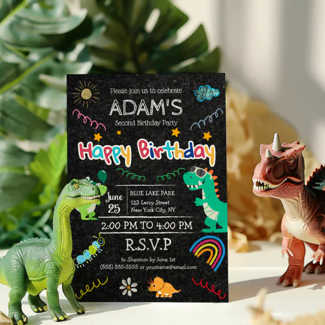 Dinosaur T-rex Chalkboard Rainbow 2nd kid Birthday Invitation