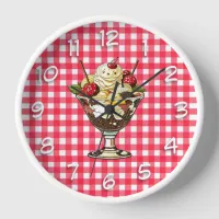 Ice Cream Sundae with Cherries Red Checkered Clock