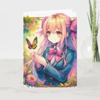 Anime Girl and Butterfly Birthday Color Page Card