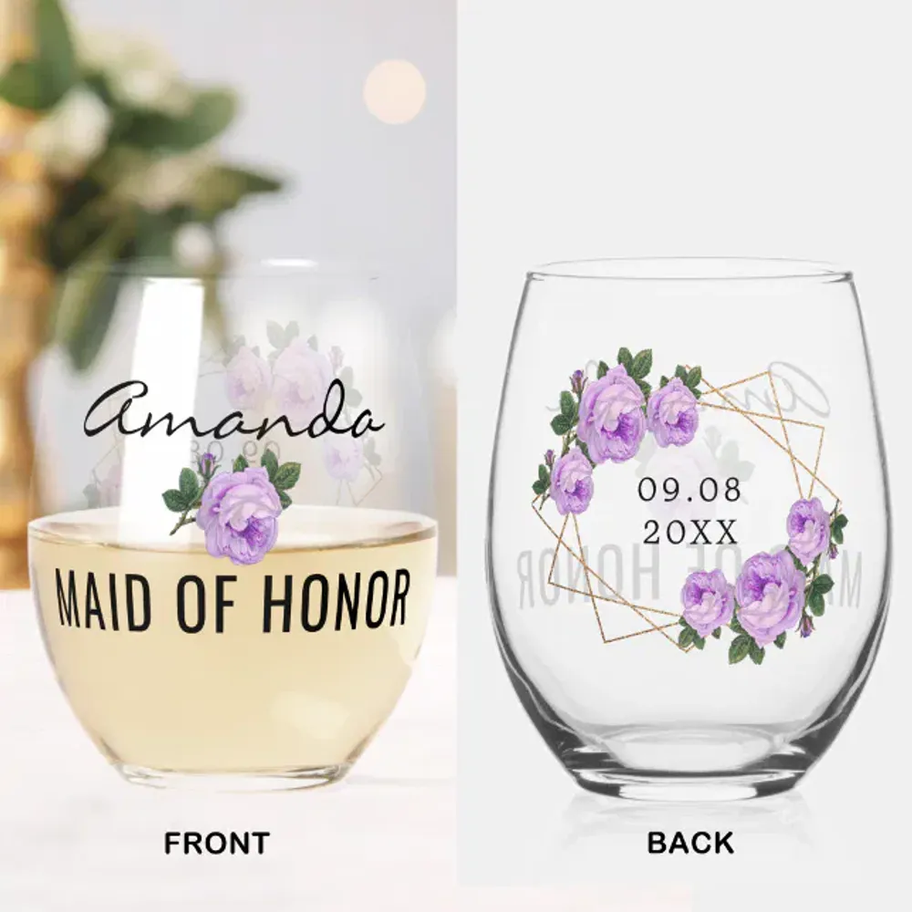 Maid of Honor Gold Glitter Geo Purple Floral Wed Stemless Wine Glass