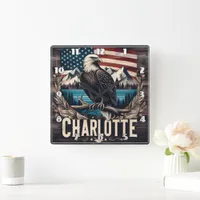 Bald Eagle Overlooking Charlotte With Mountains Square Wall Clock