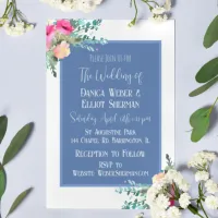 Elegant Blue Floral Pink Rosebud Elegant Wedding Invitation