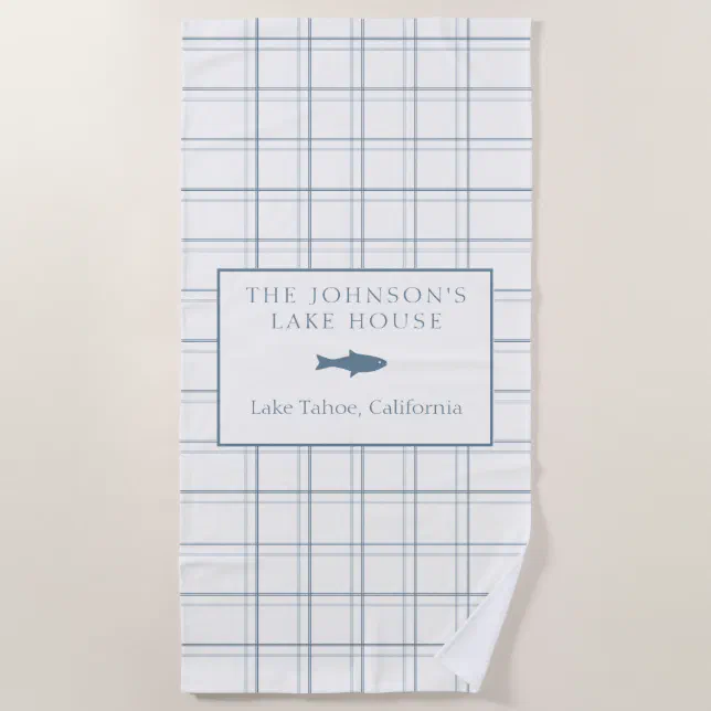 Classic Customizable Plaid Lake House Blue Fish Beach Towel