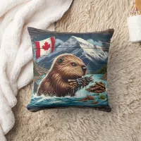 Canadian Beaver Collecting Sticks Near Mountains Throw Pillow