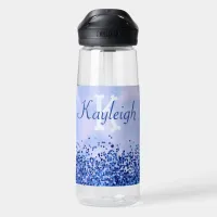 Simple Blue Brushed Metal and Glitter Monogram | Water Bottle