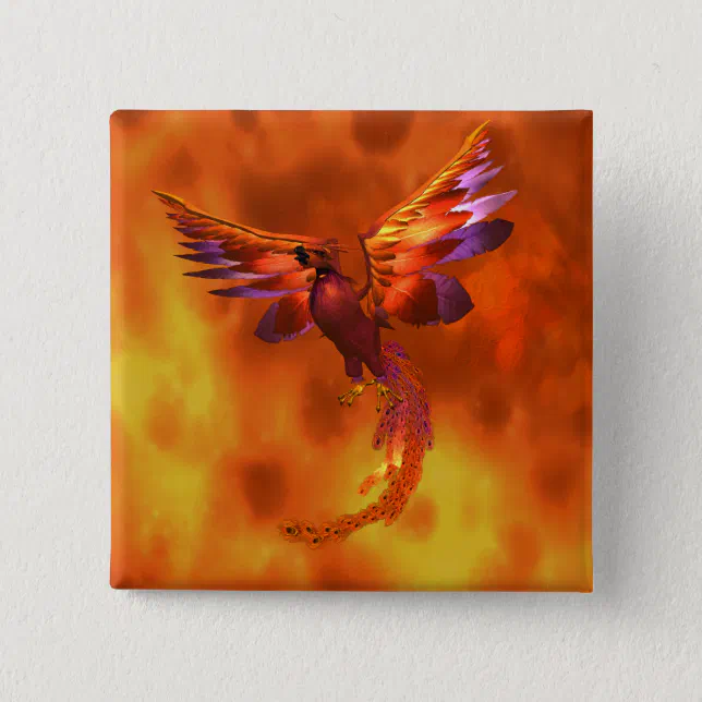 Colorful Phoenix Flying Against a Fiery Background Pinback Button