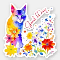 Good Day | Watercolor Cat and Flowers  Sticker