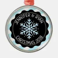 Personalize Couple's Blue Black White Snowflake Metal Ornament