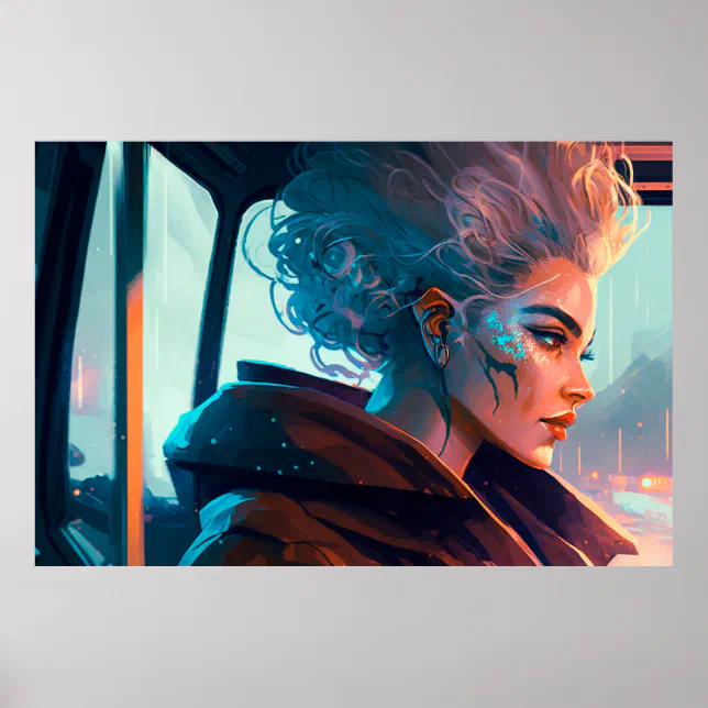 Woman Riding a Bus in a City of the Future Poster