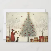 Village Christmas Tree and a Cat Holiday Card