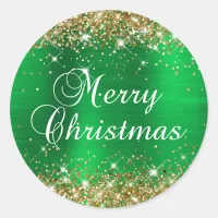 Glittery Gold and Green Foil Merry Christmas Classic Round Sticker