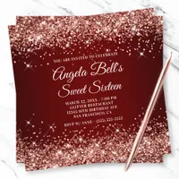 Sparkly Rose Gold Glitter Dark Red Sweet Sixteen Invitation