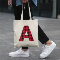 Red and Black Buffalo Plaid Bold Letter A Monogram Tote Bag