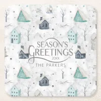 Cozy Home Christmas Teal ID985 Square Paper Coaster
