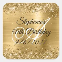 Faux Gold Glitter and Foil 50th Birthday Square Sticker