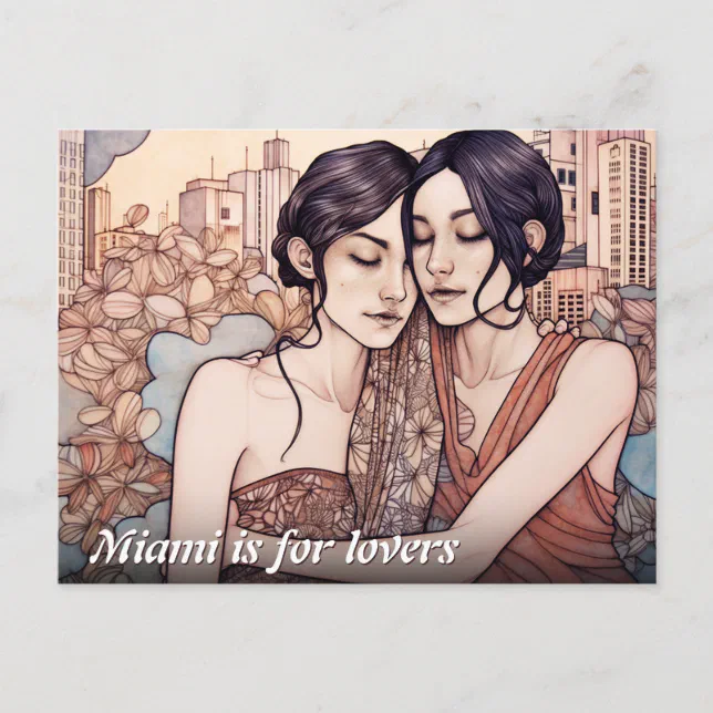 Miami Downtown Women Cuddling Lesbians Drawing Postcard