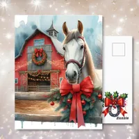 Watercolor White Horse and Festive Farm Christmas Postcard