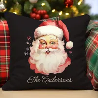 Retro Vintage Santa Claus Black Christmas Throw Pillow