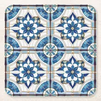 Ornate Moroccan Tile Pattern#4 Blue White ID1078 Square Paper Coaster