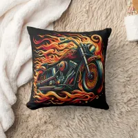 Fiery motorcycle racing through a vibrant sunset throw pillow