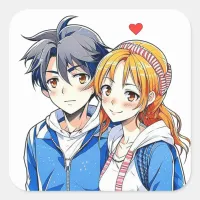 Anime Boy and Girl Couple with Heart Square Sticker