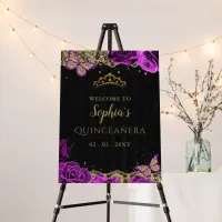 Purple Roses Black Gold Quincea&#241;era Welcome Sign