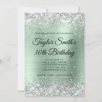 Silver Glitter Pale Mint Monogram 30th Birthday Invitation