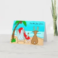 Tis the Sea-Sun Santa on Beach with Reindeer Holiday Card