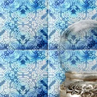 Classy Blue White Leafy Motifs and Floral Elements Ceramic Tile