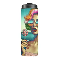 Beautiful Retro Pop Art Woman with Lollipop Thermal Tumbler