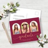 Burgundy Maroon Gold Arch 3 Photo Graduation Announcement Postcard