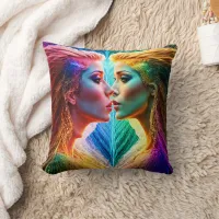 Colorful Dual Portrait of Women With Vibrant Hair Throw Pillow