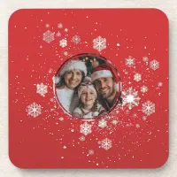 Red Christmas Frame with Snow Flakes  Beverage Coaster