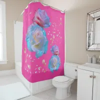 Water Droplets on Pink & Blue Roses on Pink | Shower Curtain