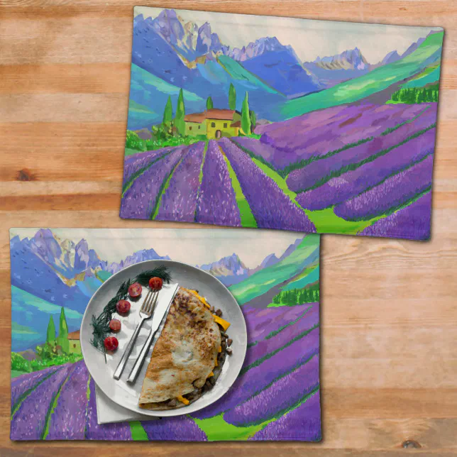 Lavender fields in front of mountains cloth placemat