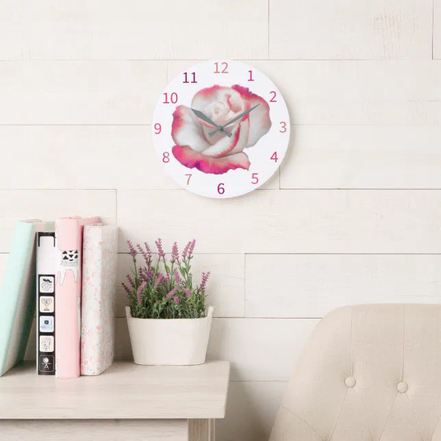 White and pink rose - pastel art large clock