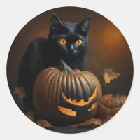 Black Cat and Jack-O-Lantern Classic Round Sticker