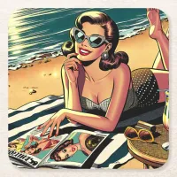 Retro Woman at Beach reading a Fashion Magazine Square Paper Coaster