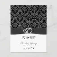 damask diamante charcoal wedding RSVP Invitation Postcard