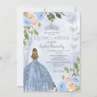 Dusty Blue Silver Floral Princess Quincea&#241;era  Invitation