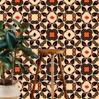 Ornate Beige Red Black Floral Geometric Pattern Wallpaper