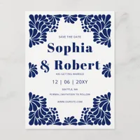 Mexican Navy Blue Talavera Wedding Save the Date Announcement Postcard